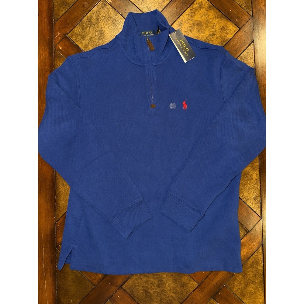 Polo Ralph Lauren Sweater Men's Medium Blue 1/4 Zip Ribbed Knit Cotton Pullover